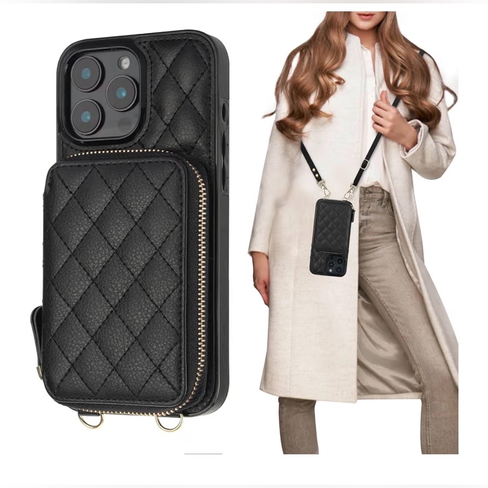 Quilted Black Crossbody Phone Case with Zipper Pouch